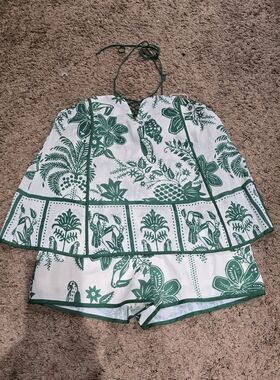 Fashion Nova Green & White Linen Halter Romper